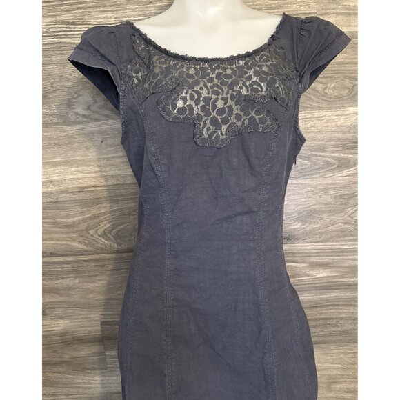 Free People Crew Neck Cap Sleeve 100% Cotton Navy Grey Mini Dress Size 6 - Picture 1 of 12